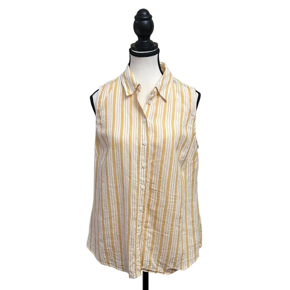 Daniel Cremieux Tops - CREMIEUX Sleeveless Striped Button Up Shirt Medium Yellow White Linen Cotton